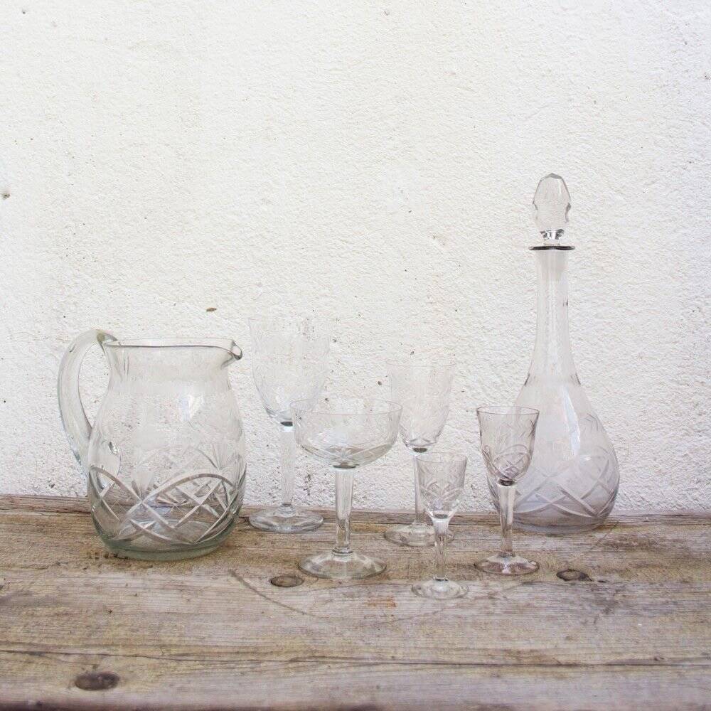 Spanish Blown Glass Tableware Set, 1940s, Set of 62