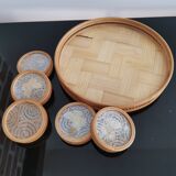 Tray Set and 5 Butterfly Aperitif Coasters - Bamboo and Rattan - Vintage