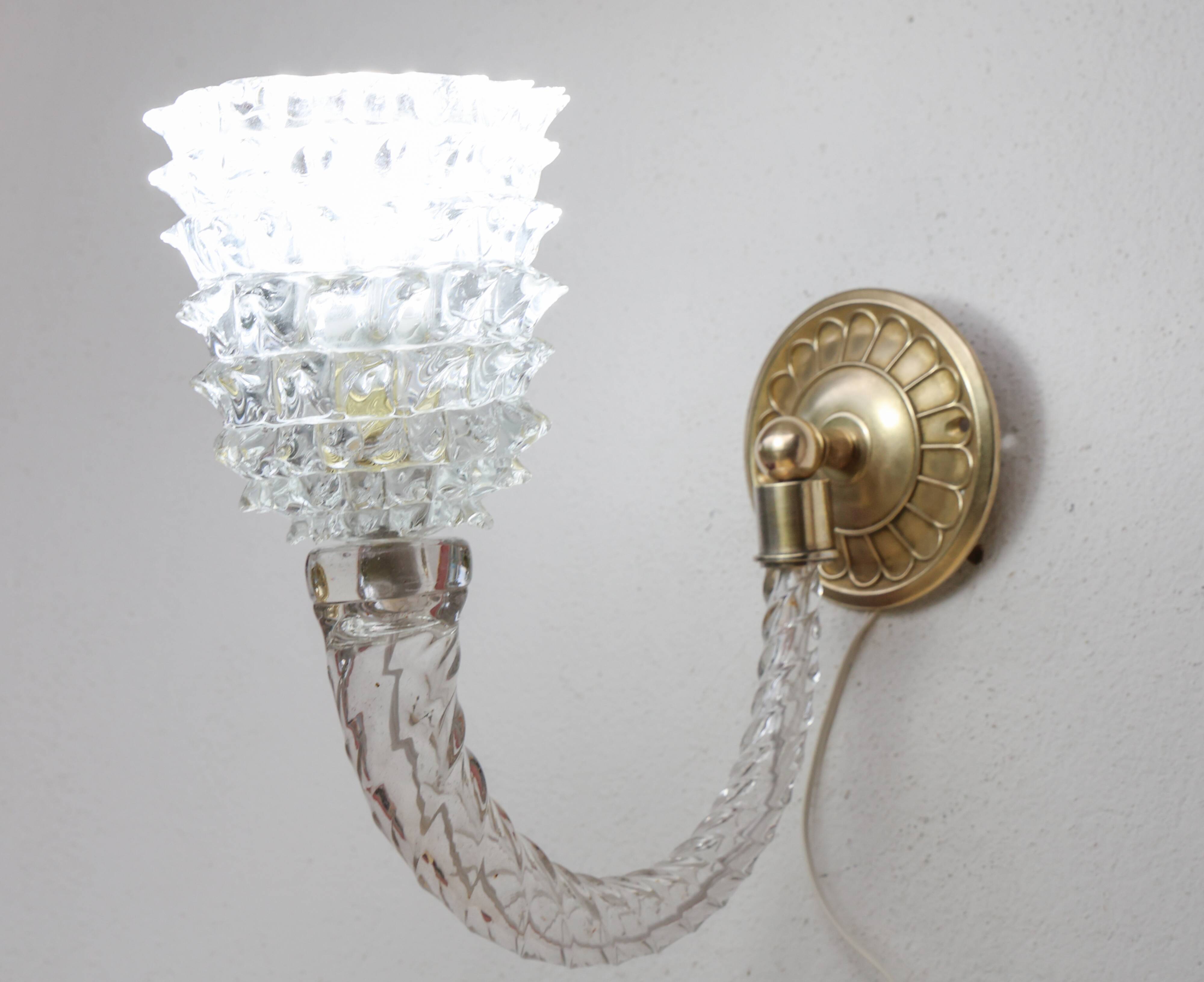 Set of 2 Art Deco Wall Light in Murano Rostrato Glass by Barovier e Toso, 1