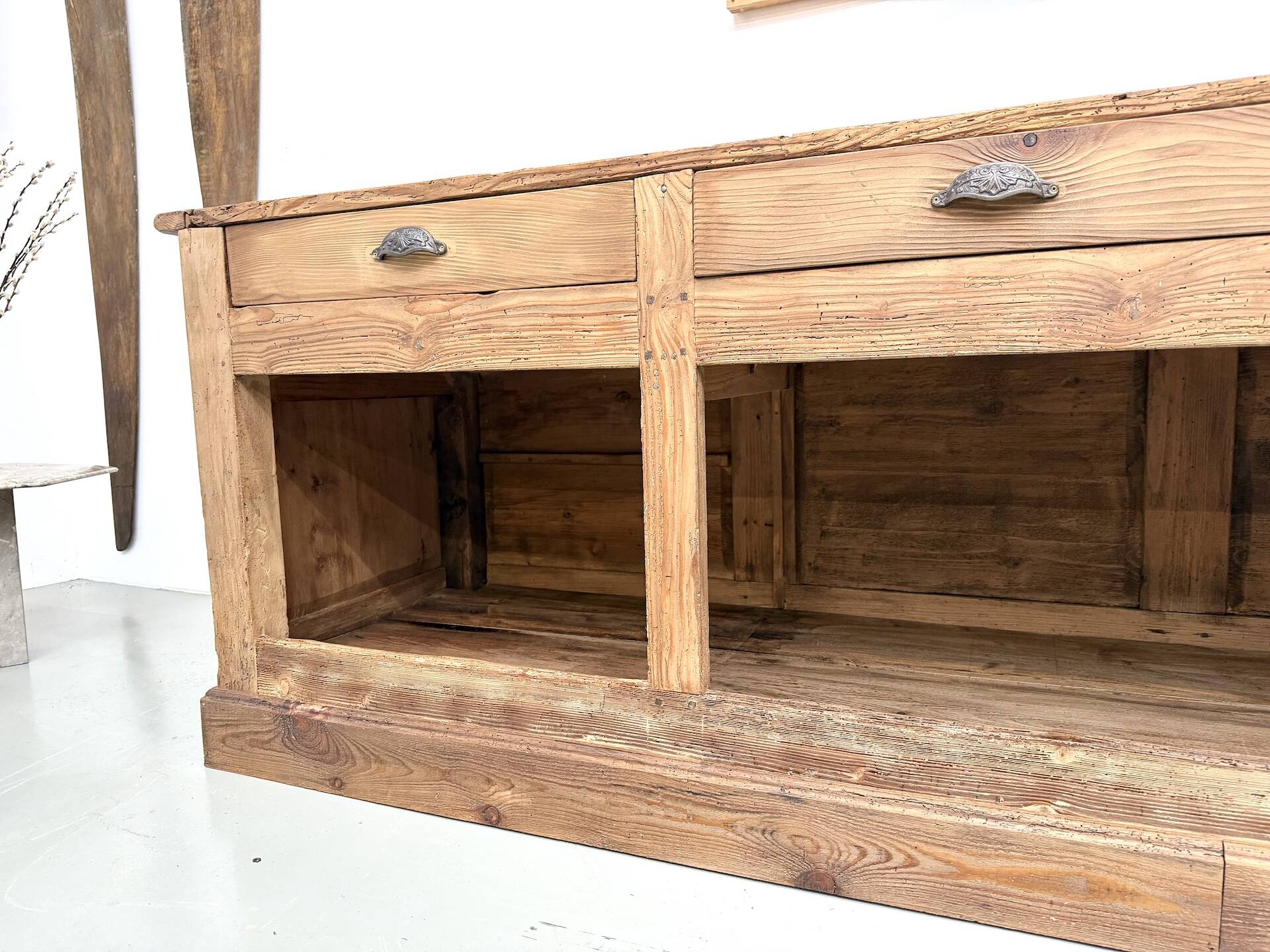 Very large pine trade counter, circa 1920.