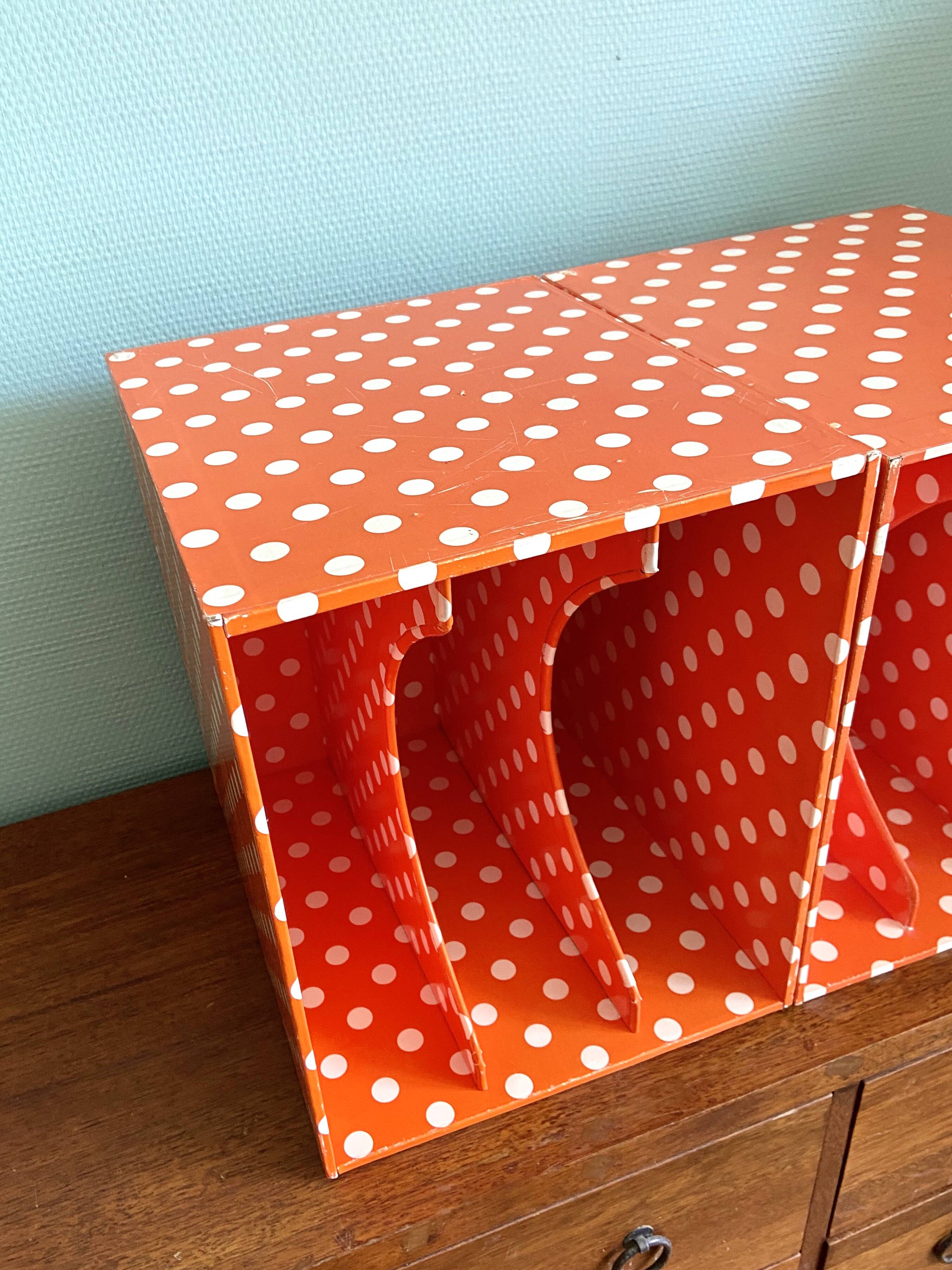 Vinyl storage cube - orange with white polka dots