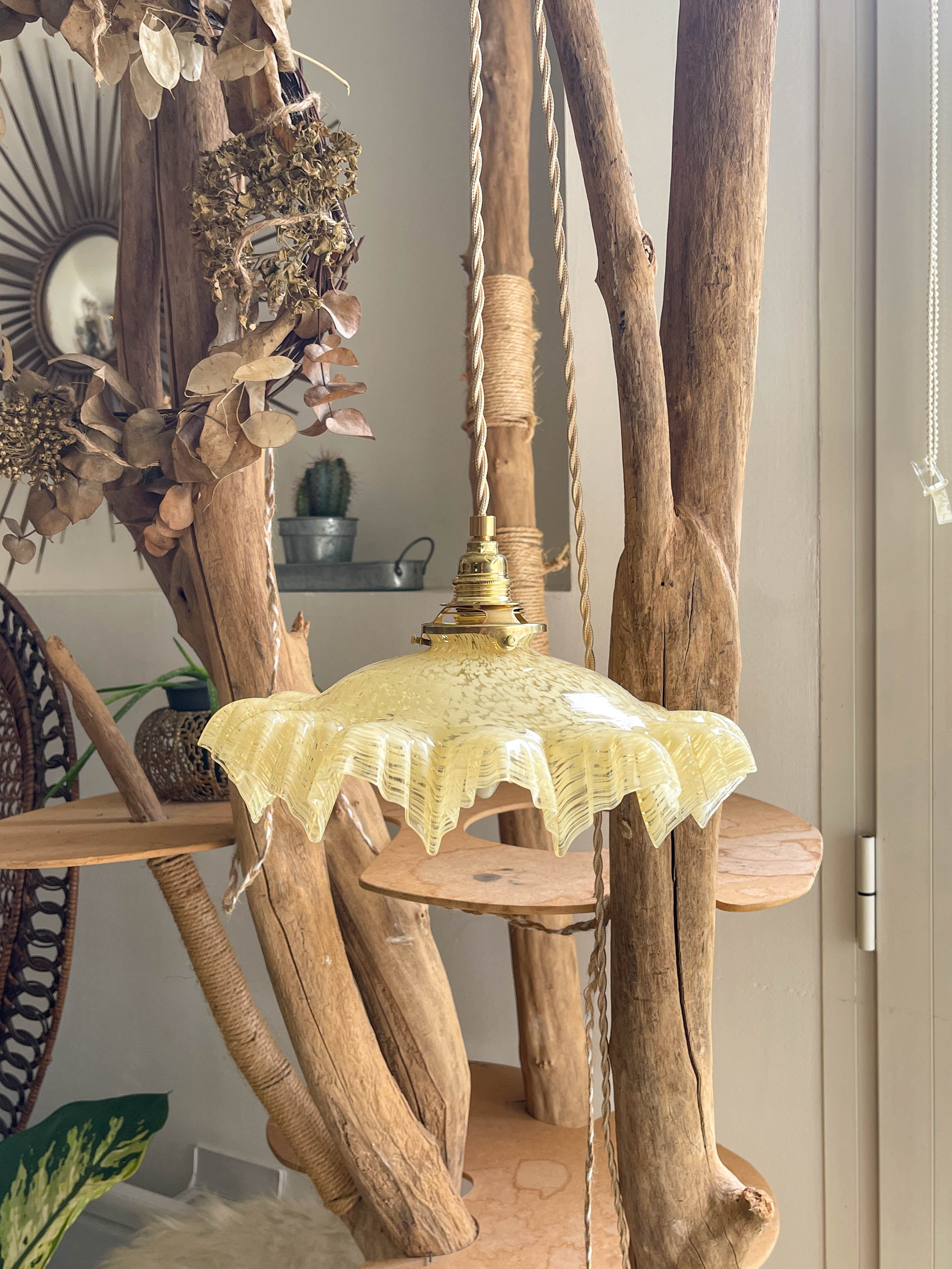 Vintage yellow pleated clichy glass portable lamp