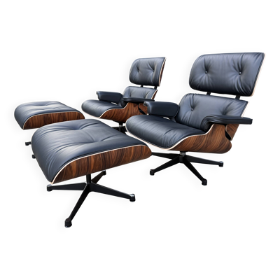 2 x Vitra Eames Lounge chair XL + Ottoman, Zwart leder & Santos Palissander