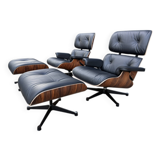 2 x Vitra Eames Lounge chair XL + Ottoman, Zwart leder & Santos Palissander