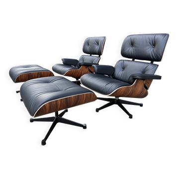2 x Vitra Eames Lounge Chair XL + Ottoman, Black leather & Santos Rosewood