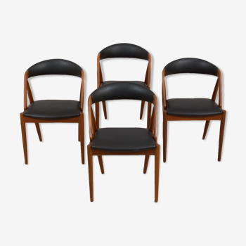 Set of 4 Kai Kristiansen model 31, teak dining chairs in black leather, Denmark 1960s