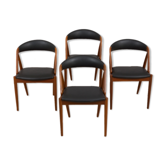 Set of 4 Kai Kristiansen model 31, teak dining chairs in black leather, Denmark 1960s