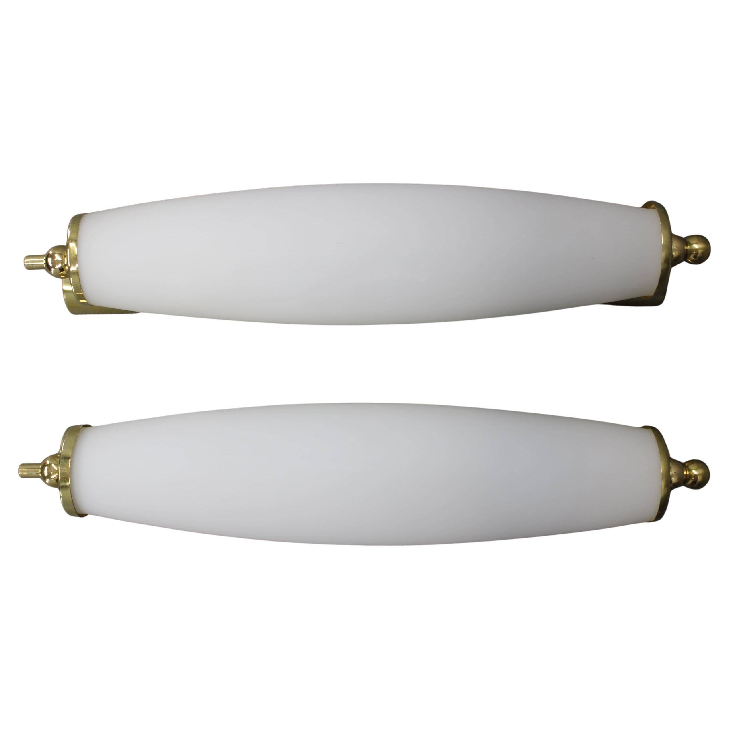 Italian Art Deco brass wall sconces with opal glass, 1940s.
