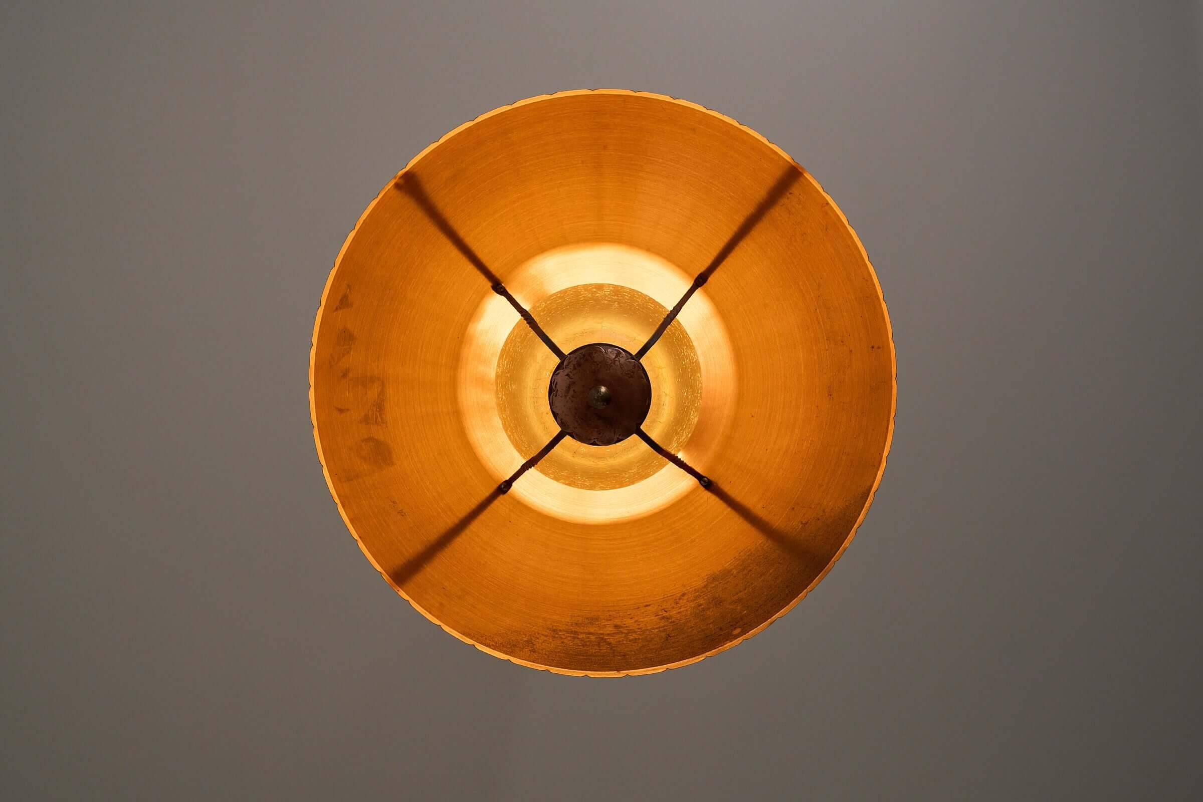 Wrought iron and copper pendant lamp with textured glass diffuser