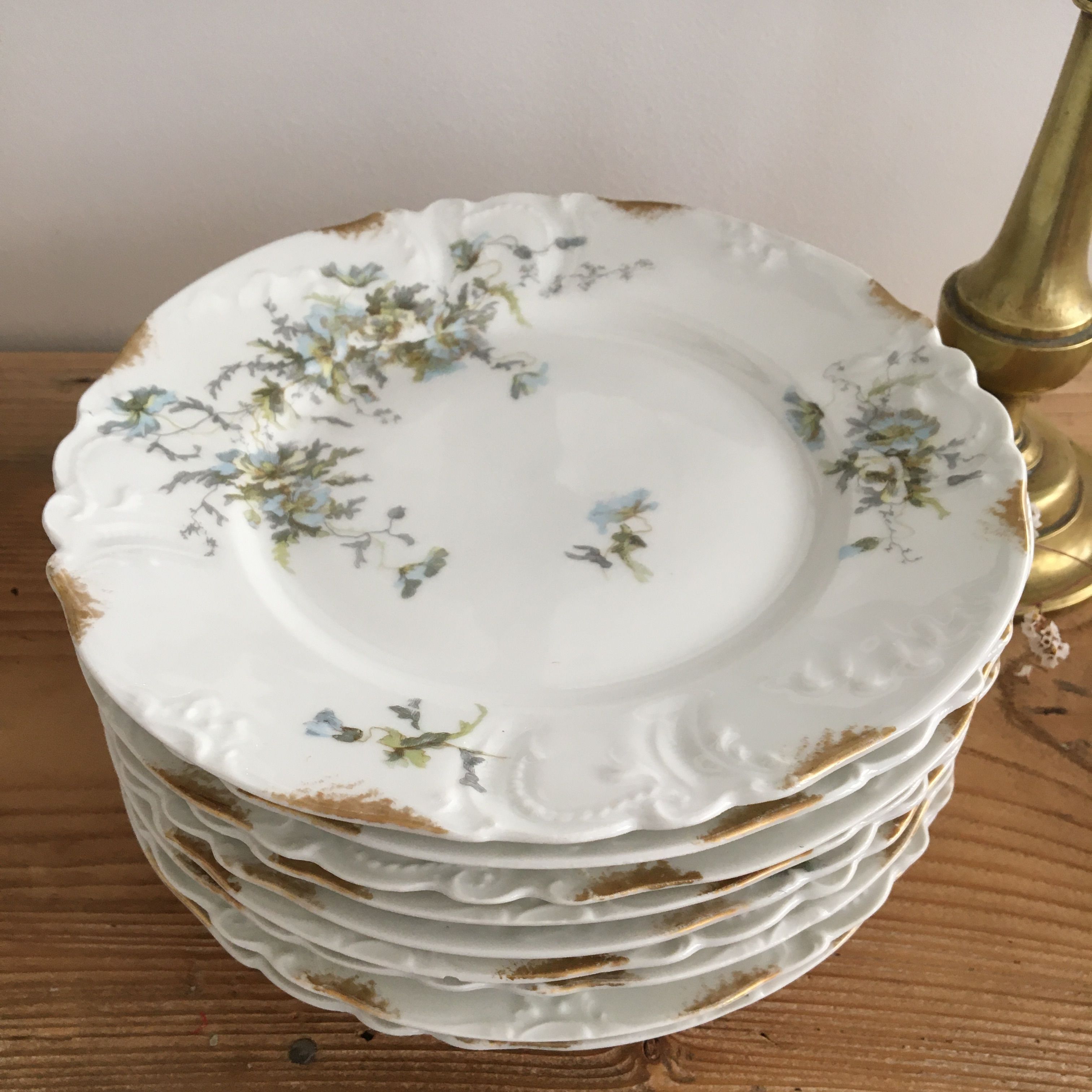 set of 9 plates Clématites porcelain Limoges Art Nouveau