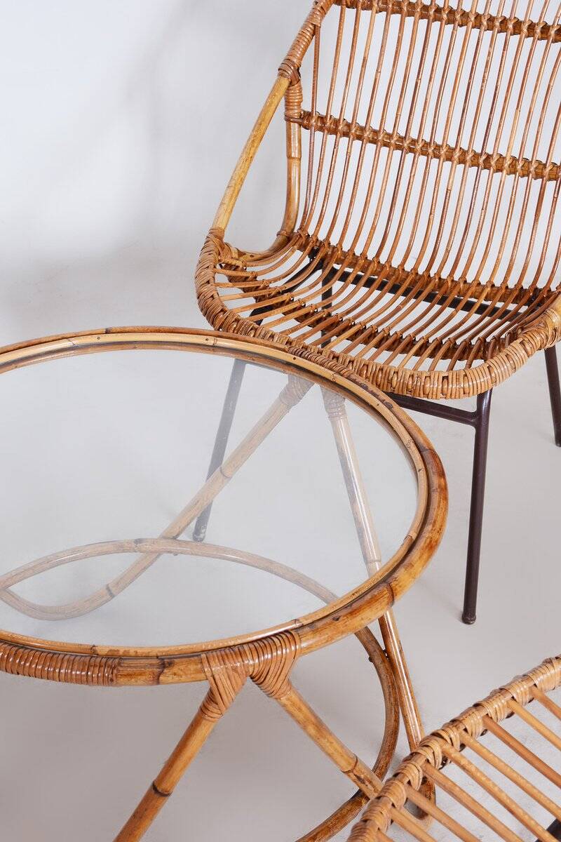 Art Deco Seating Set in Rattan & Steel attributed to Alan Fuchs, 1940s, Set of 4