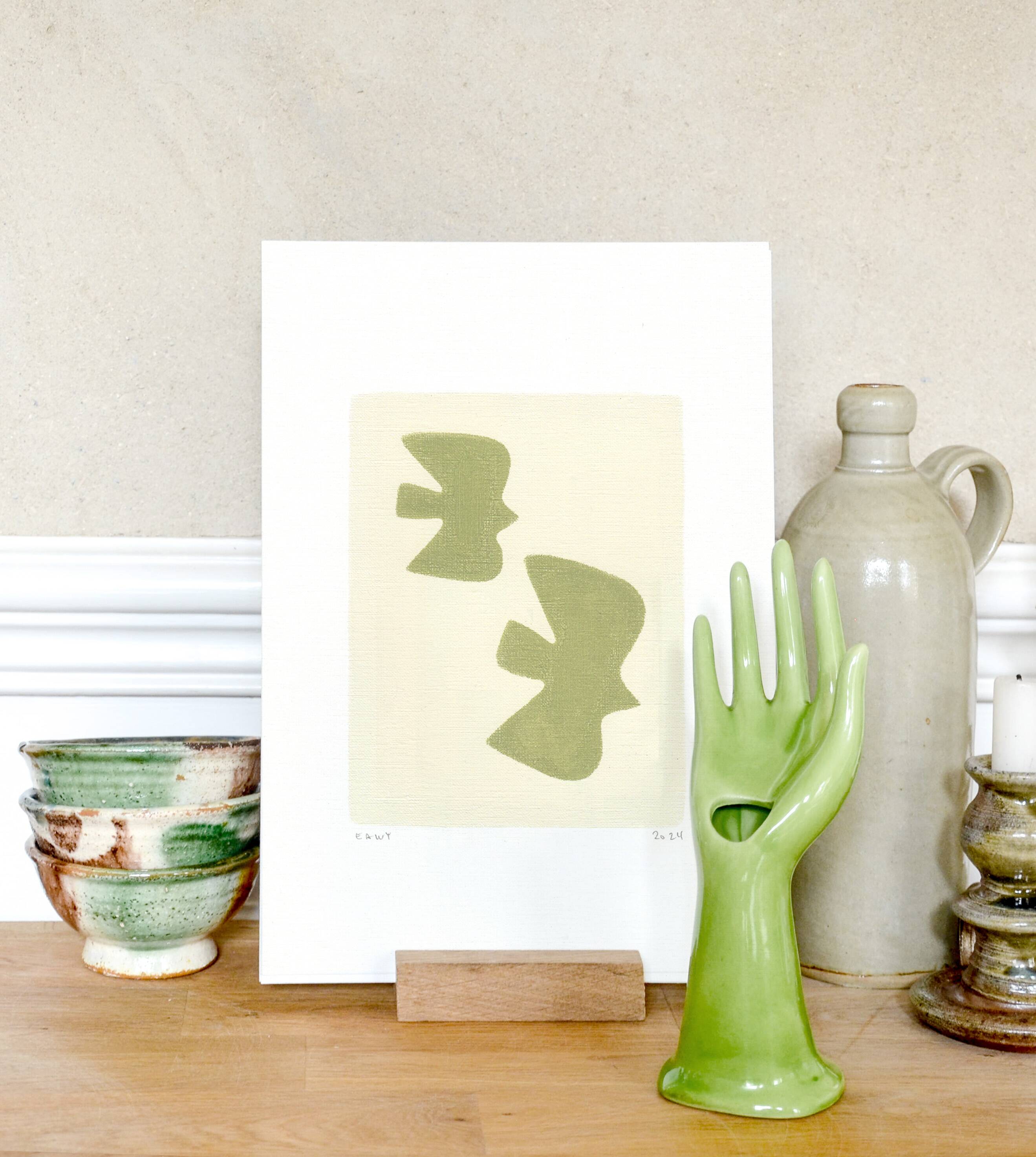 Painting on paper - Birds - Sage green - Signed EAwy