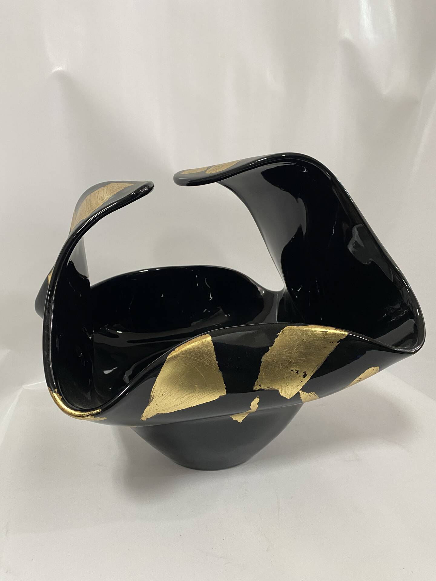 Black Murano-Style Art Glass Centerpiece Bowl with Gold Leaf Accents