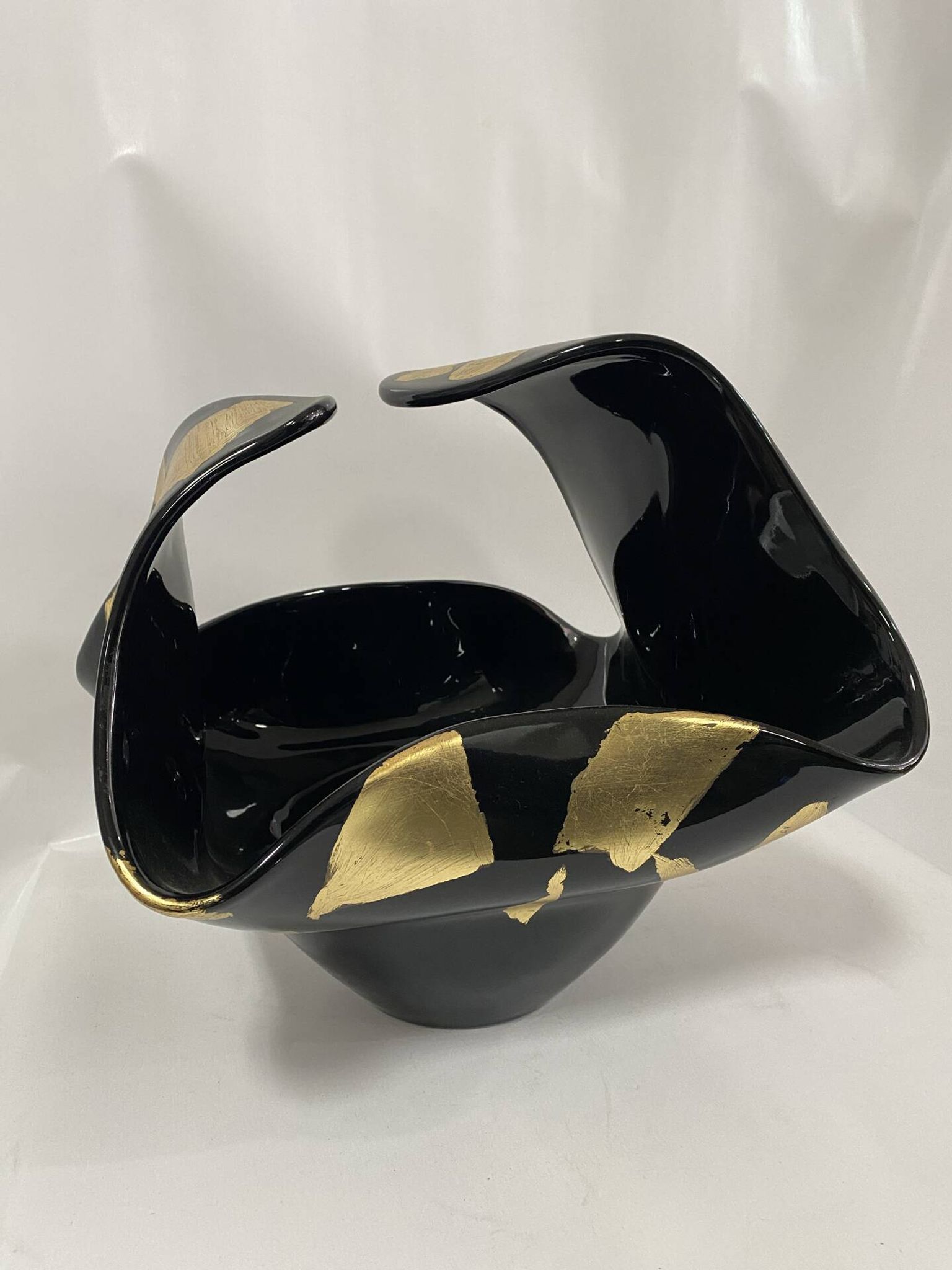 Black Murano-Style Art Glass Centerpiece Bowl with Gold Leaf Accents