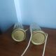 Pair of vintage 70s bedside lamps – Brushed brass, enamel & ribbed glass
