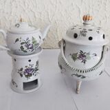 Ensemble théière sur chauffe plat et brûle parfum porcelaine à décor florale peint à la main