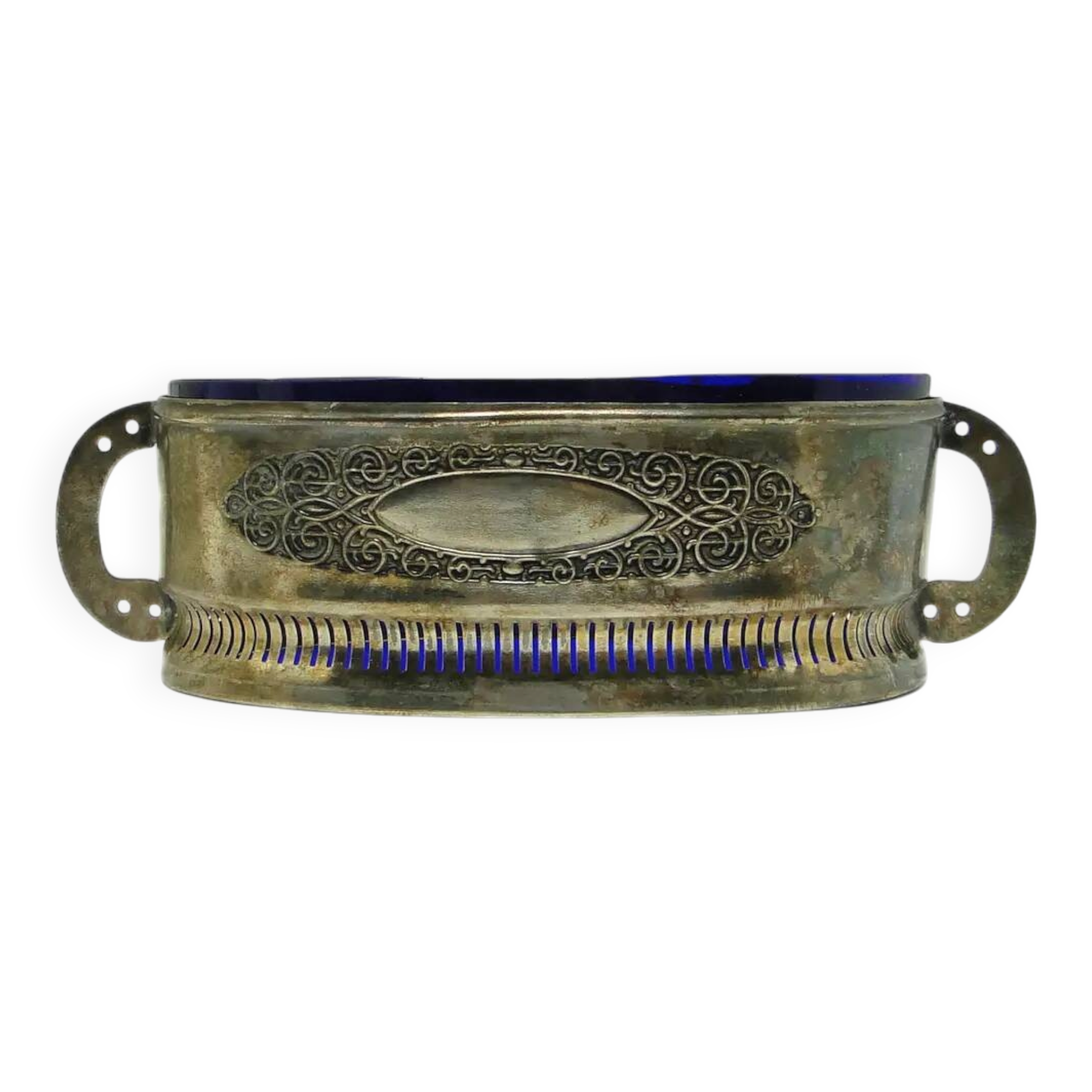 Art Nouveau jardiniere, silver-plated brass, cobalt glass, United Kingdom, 1960s.