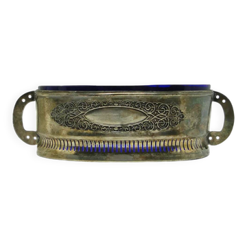 Jardinière Art Nouveau, en laiton argenté, verre cobalt, Royaume-Uni, années 1960.