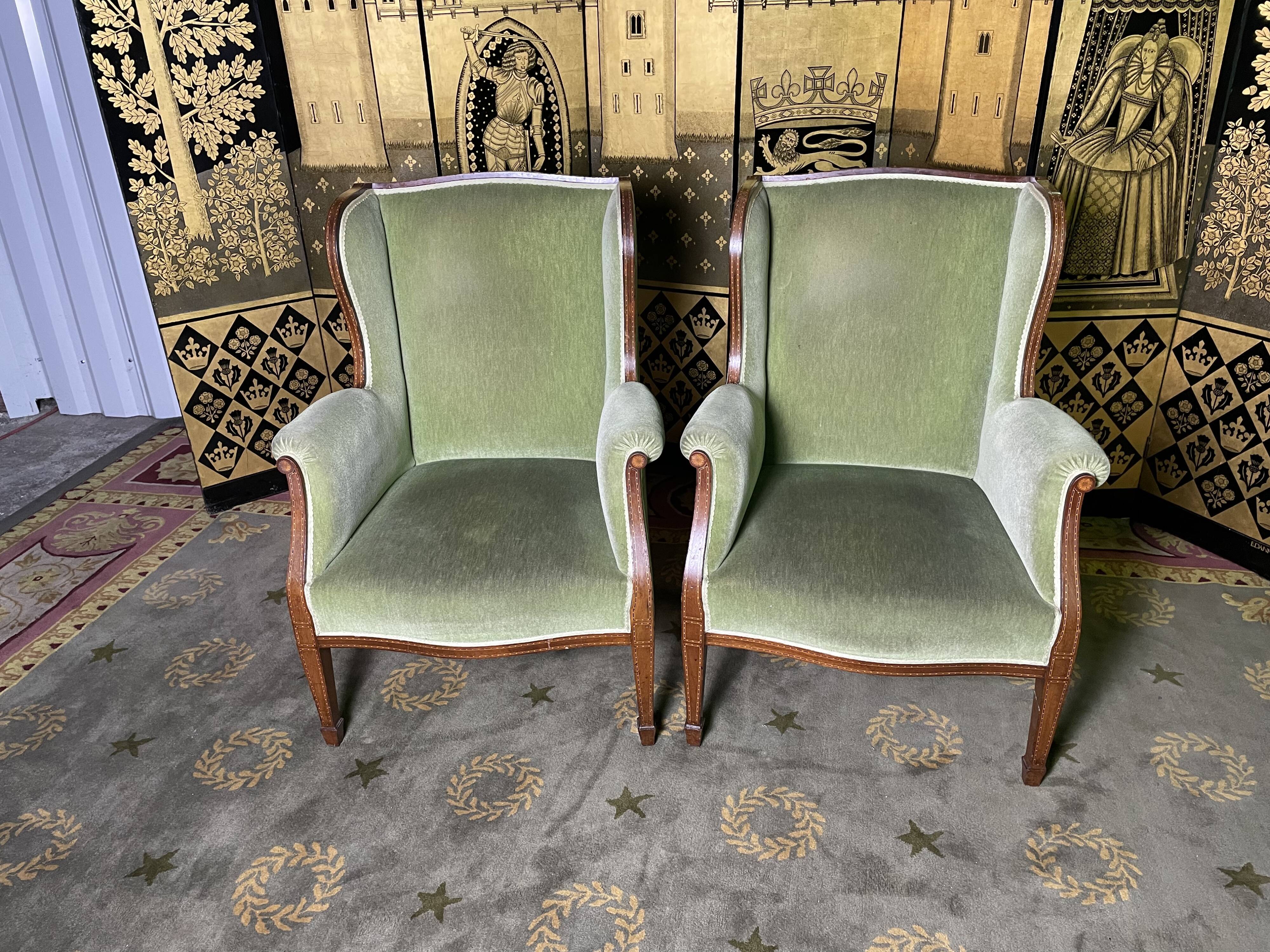 Pair of English armchairs green velvet