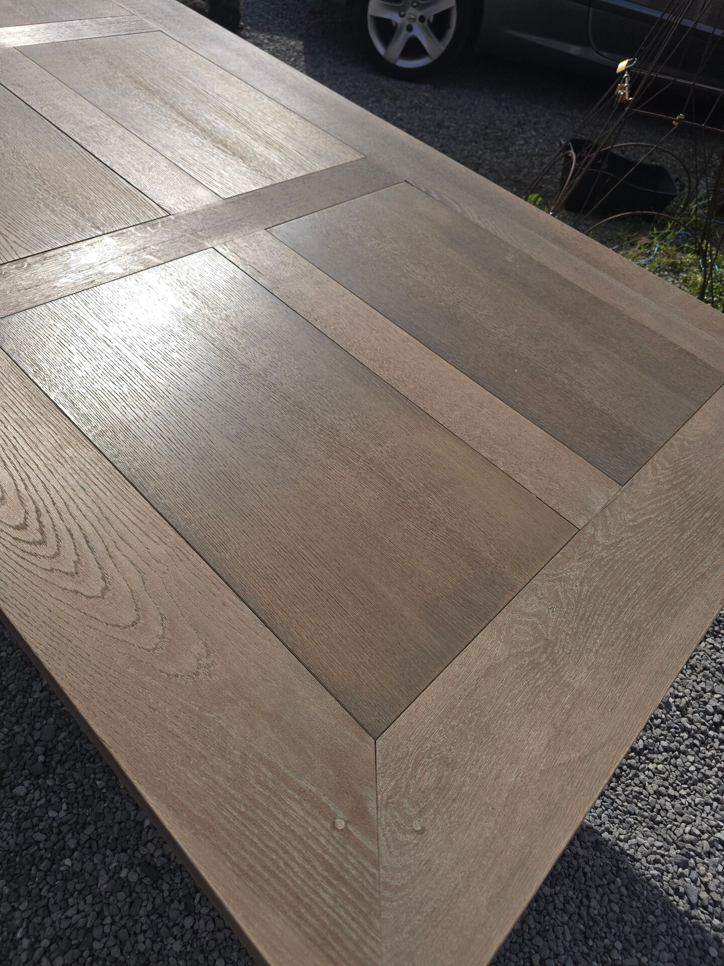Table de ferme en chêne patiné gris