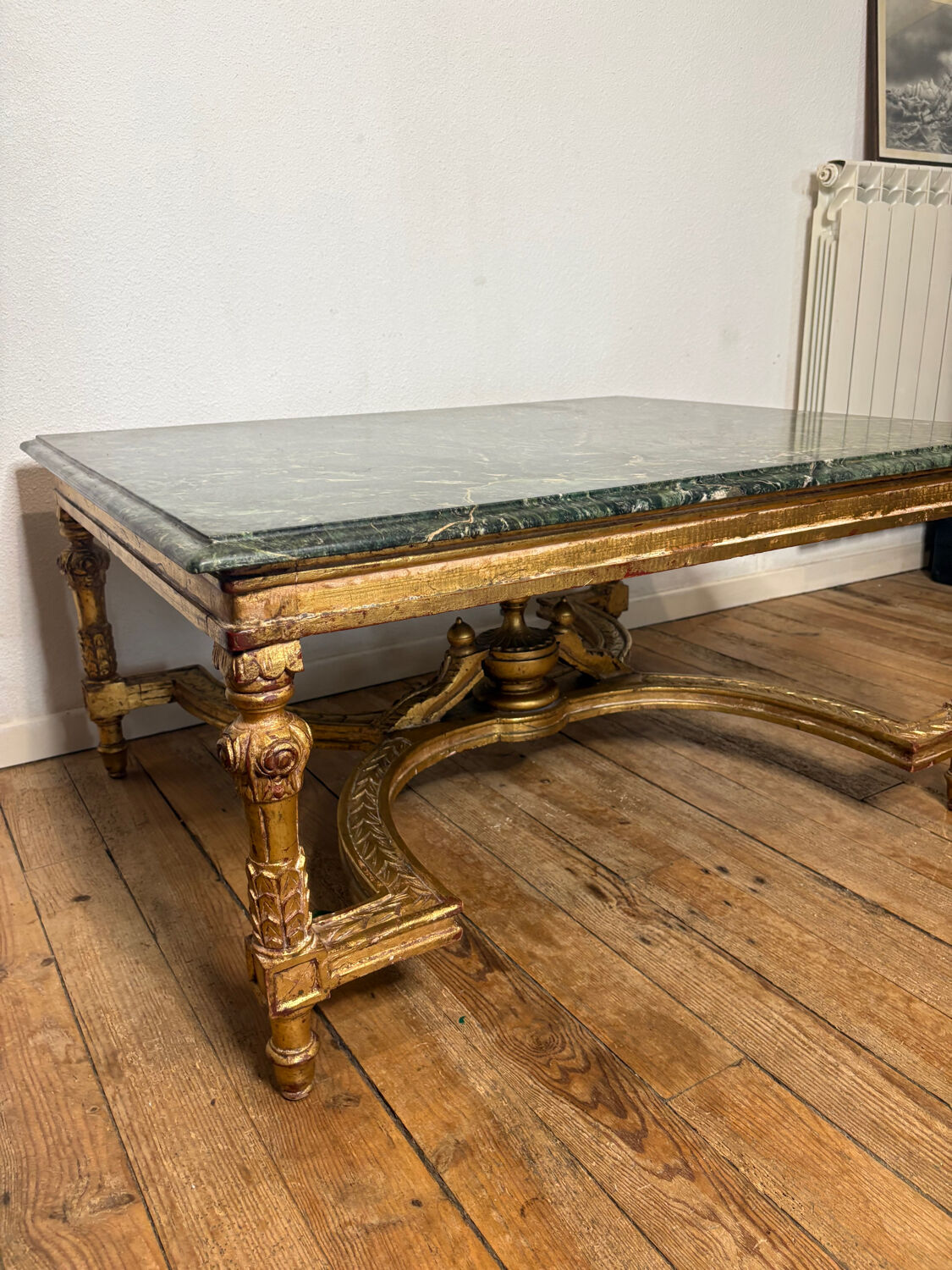 Coffee table in green marble and gilded wood, Louis XVI / Rococo style