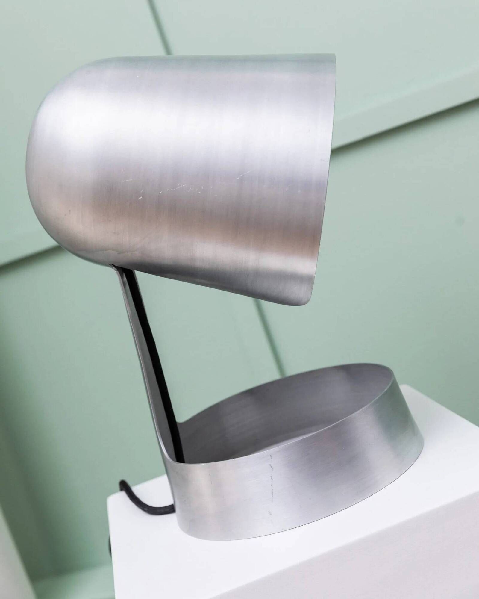Matte silver aluminum table lamp by Dominik Hehl, vintage 2012 design, sculptural industrial vibe