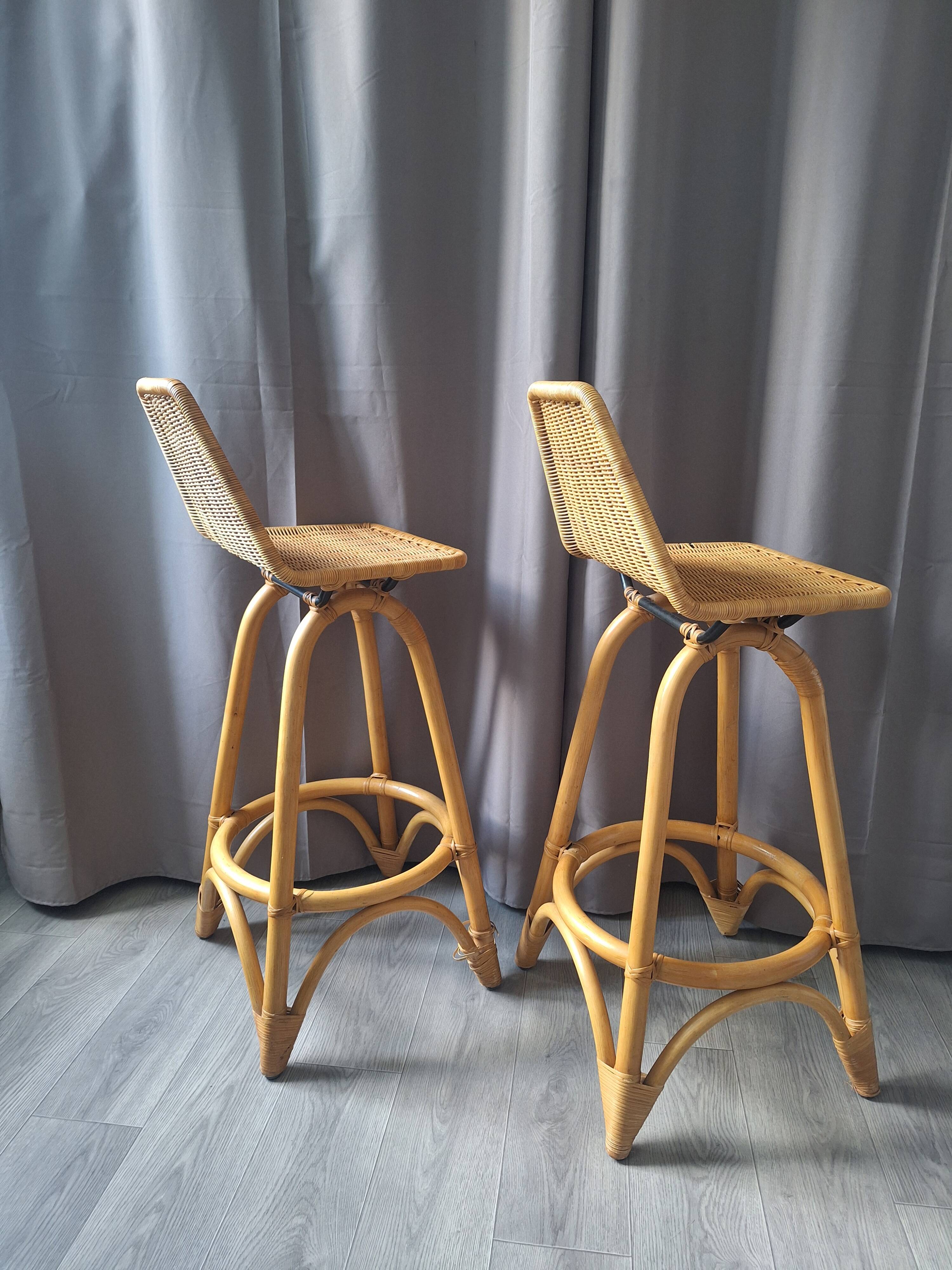 Pair of vintage stools in rattan & bamboo — 1950s