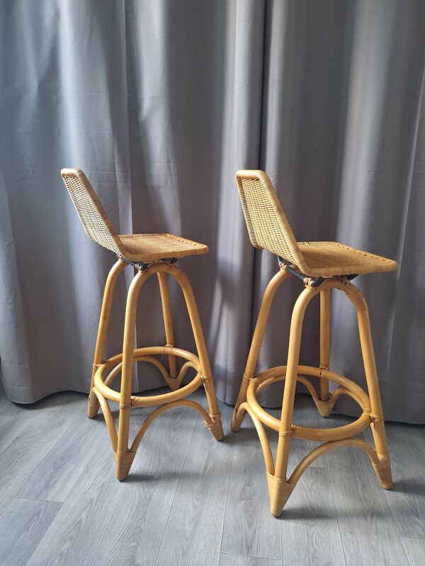 Paire de tabourets vintage en rotin & bambou — années 1950