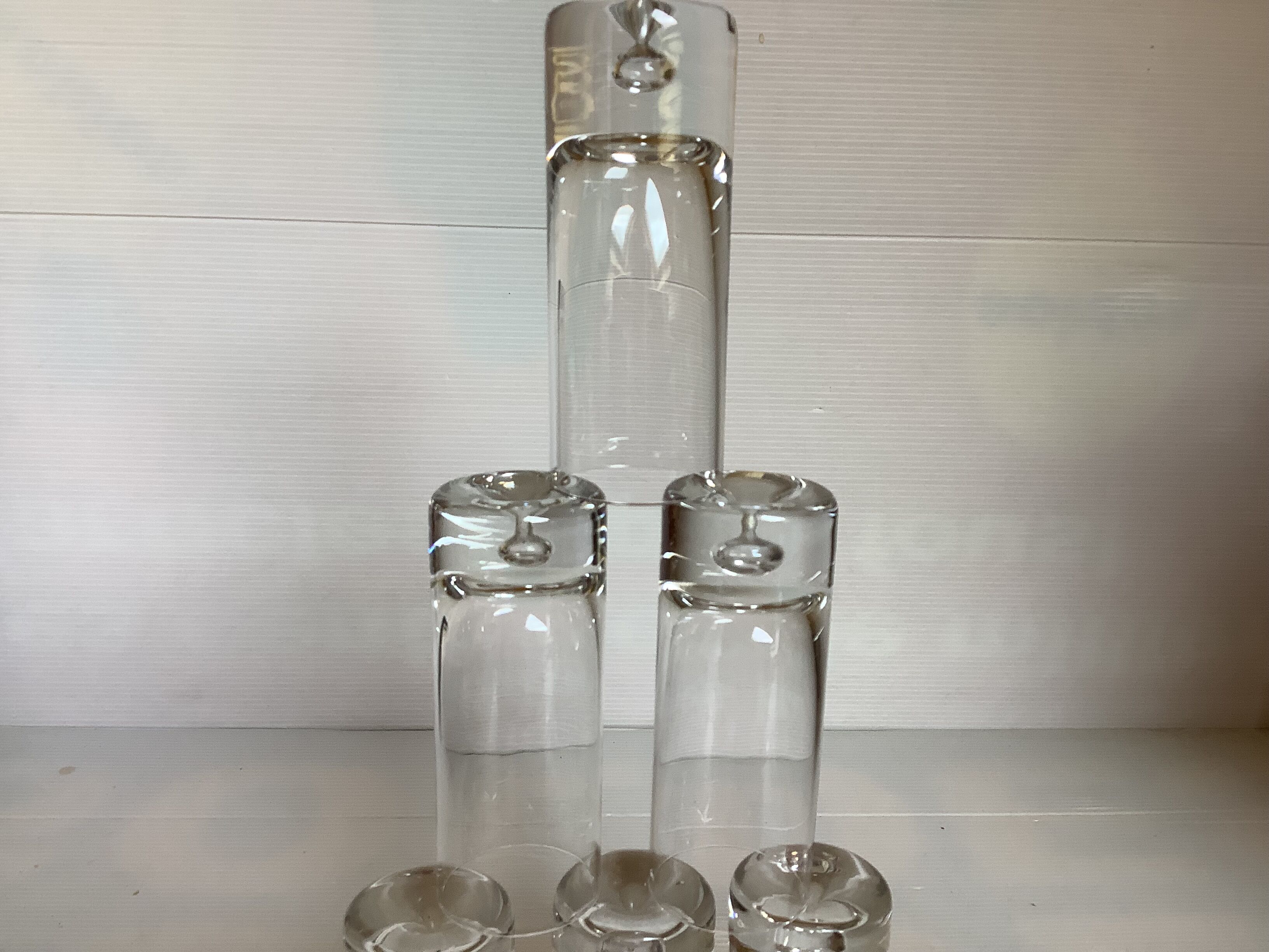 6 small bubble-footed shot glasses in Kosta Boda style.