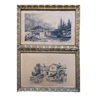 Pair of original drawings by Alice Gendreau dated 1908 "Alpine Landscapes"