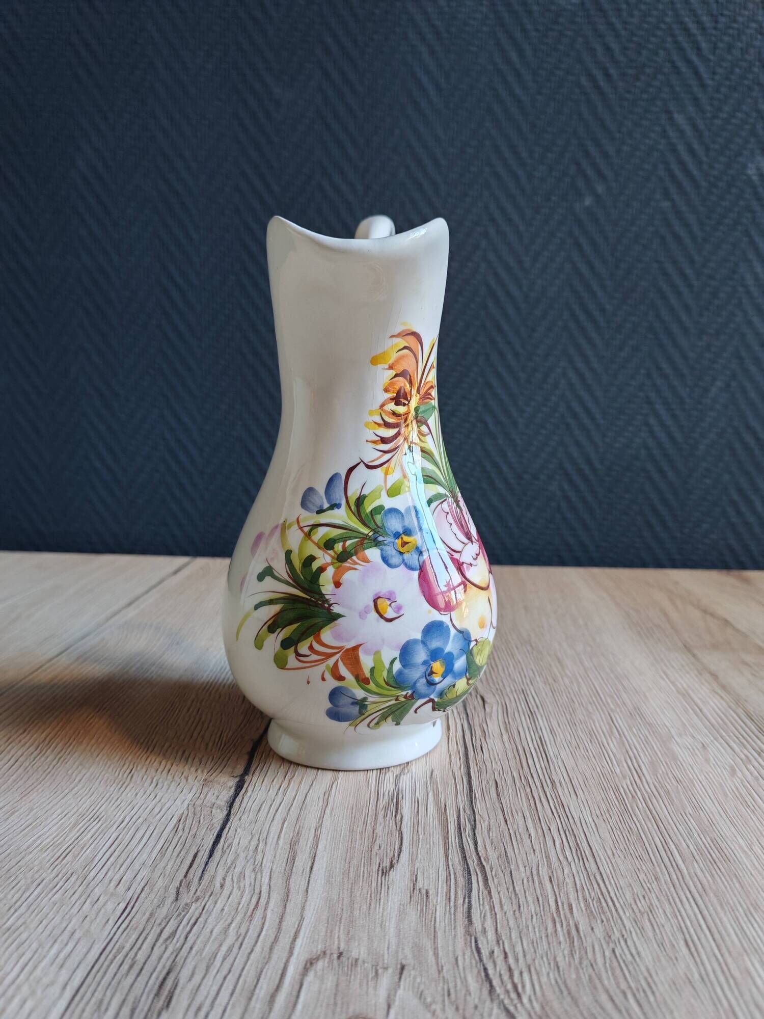 Vintage Ceramic Jug Hand-Painted Multicoloured Floral Decor, Ewer