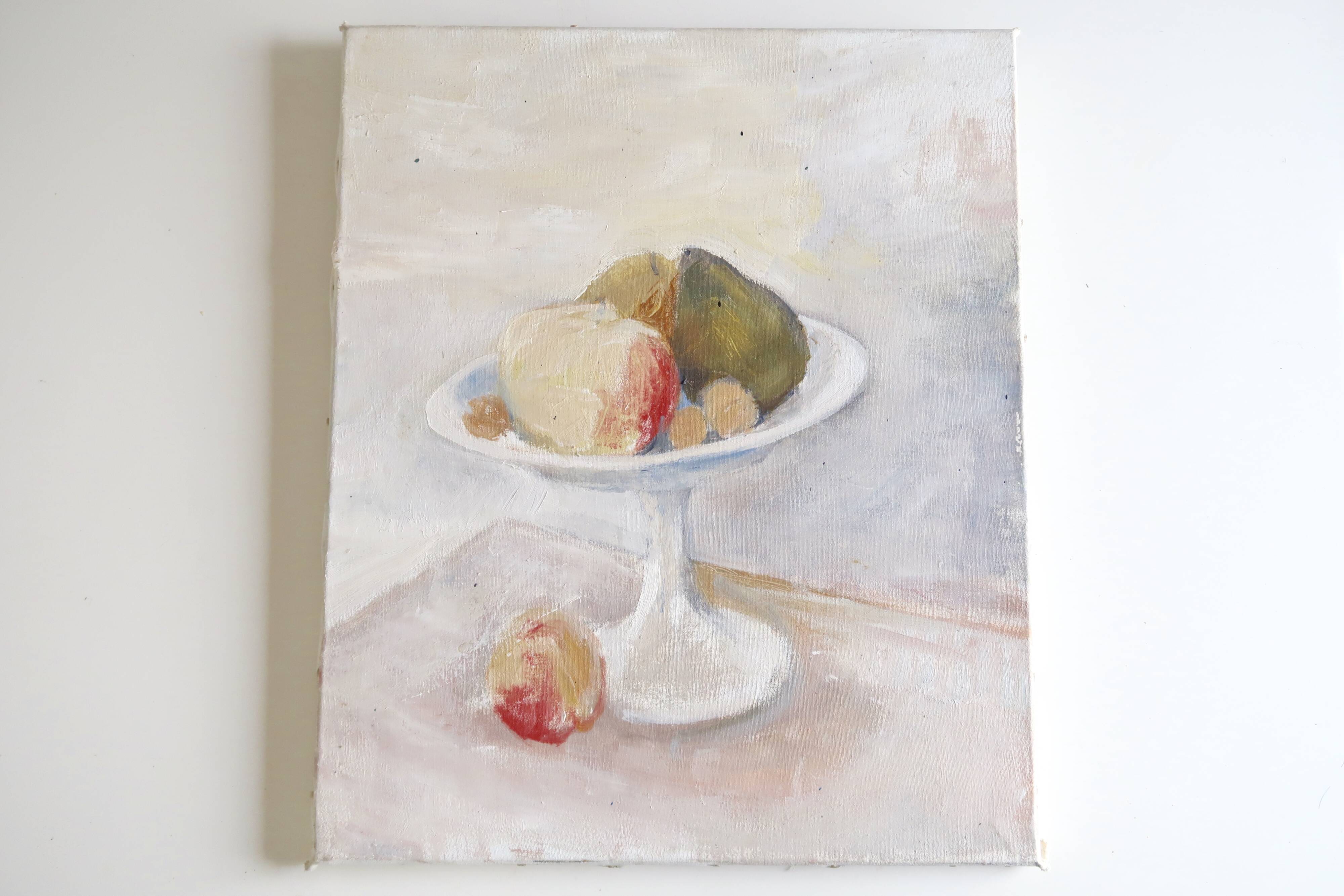 Peinture à l'huile, nature morte, fruits et compotier, années 70