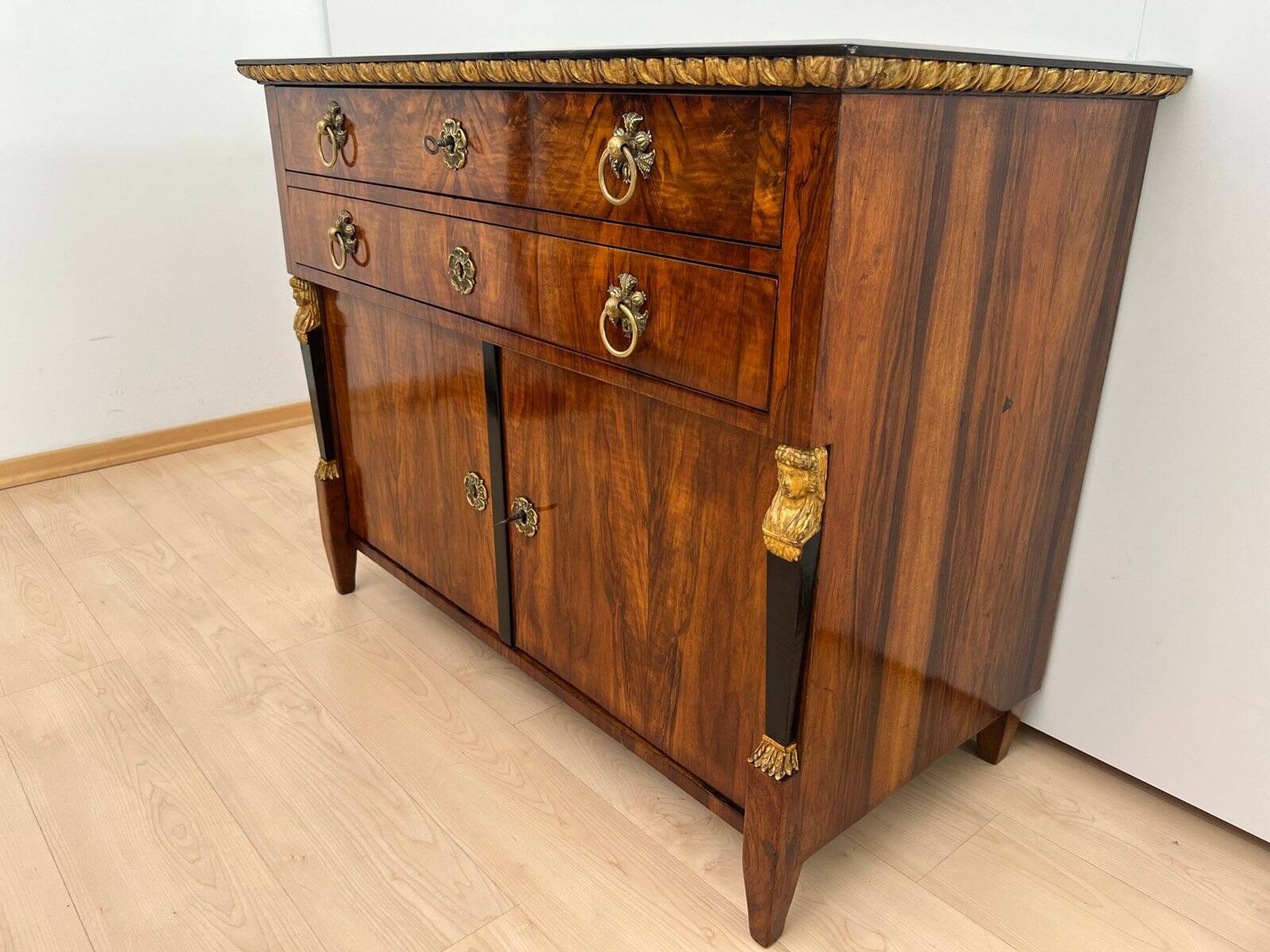 Biedermeier Chest in Walnut Veneer, Cherry, Gold Leaf & Brass, Austria, 1815