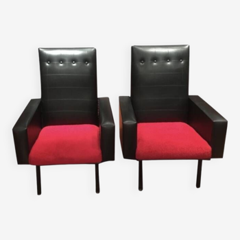 Pair of vintage red and black Skaï armchairs