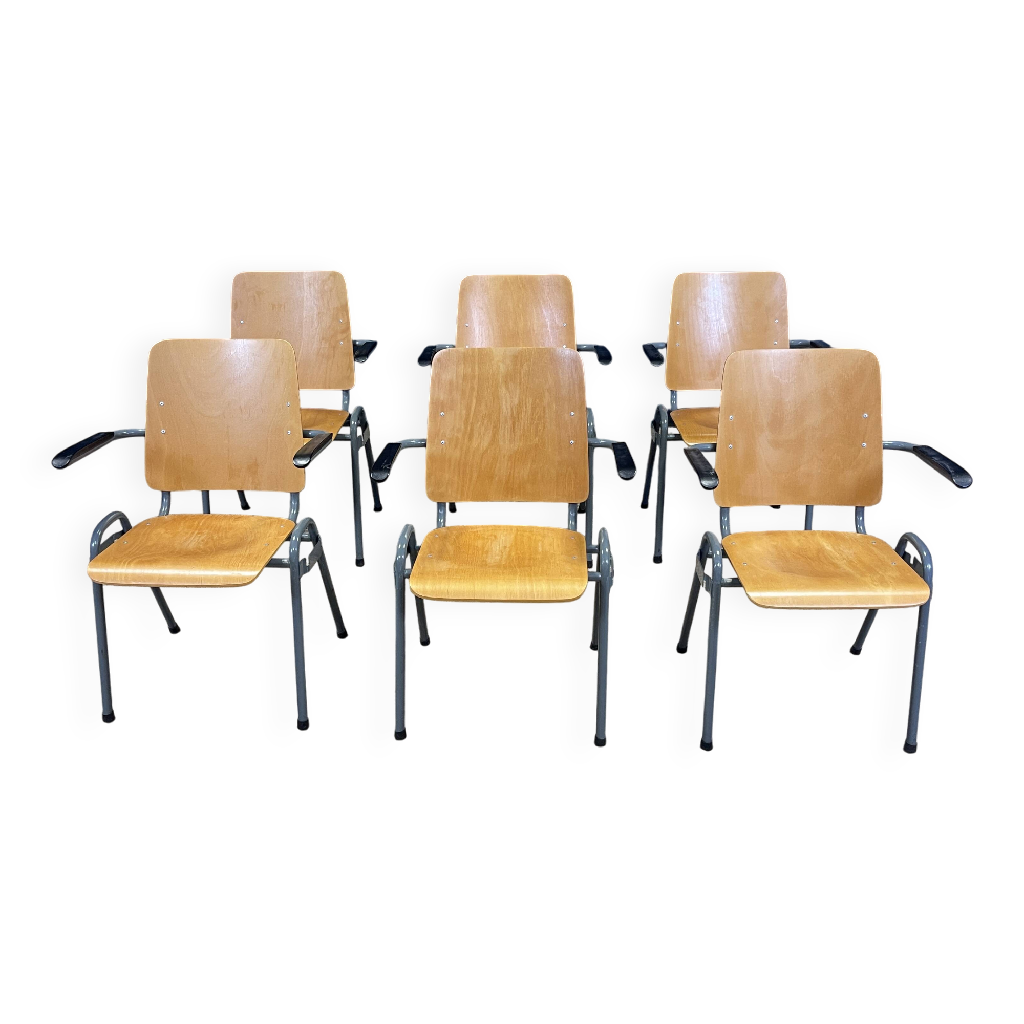 Set of 6 school armchairs with high wooden backs and anthracite grey legs, Netherlands