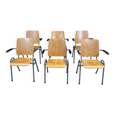 Lot de 6 fauteuils école dossier haut bois pieds gris anthracite Pays-Bas
