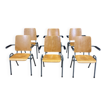 Set of 6 school armchairs with high wooden backs and anthracite grey legs, Netherlands
