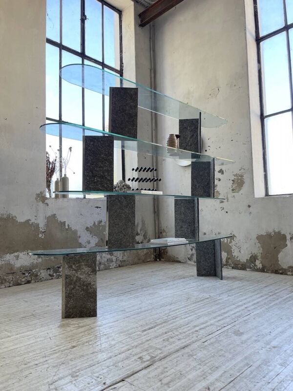 Etagère sculpture pierre et verre Roche Bobois années 70
