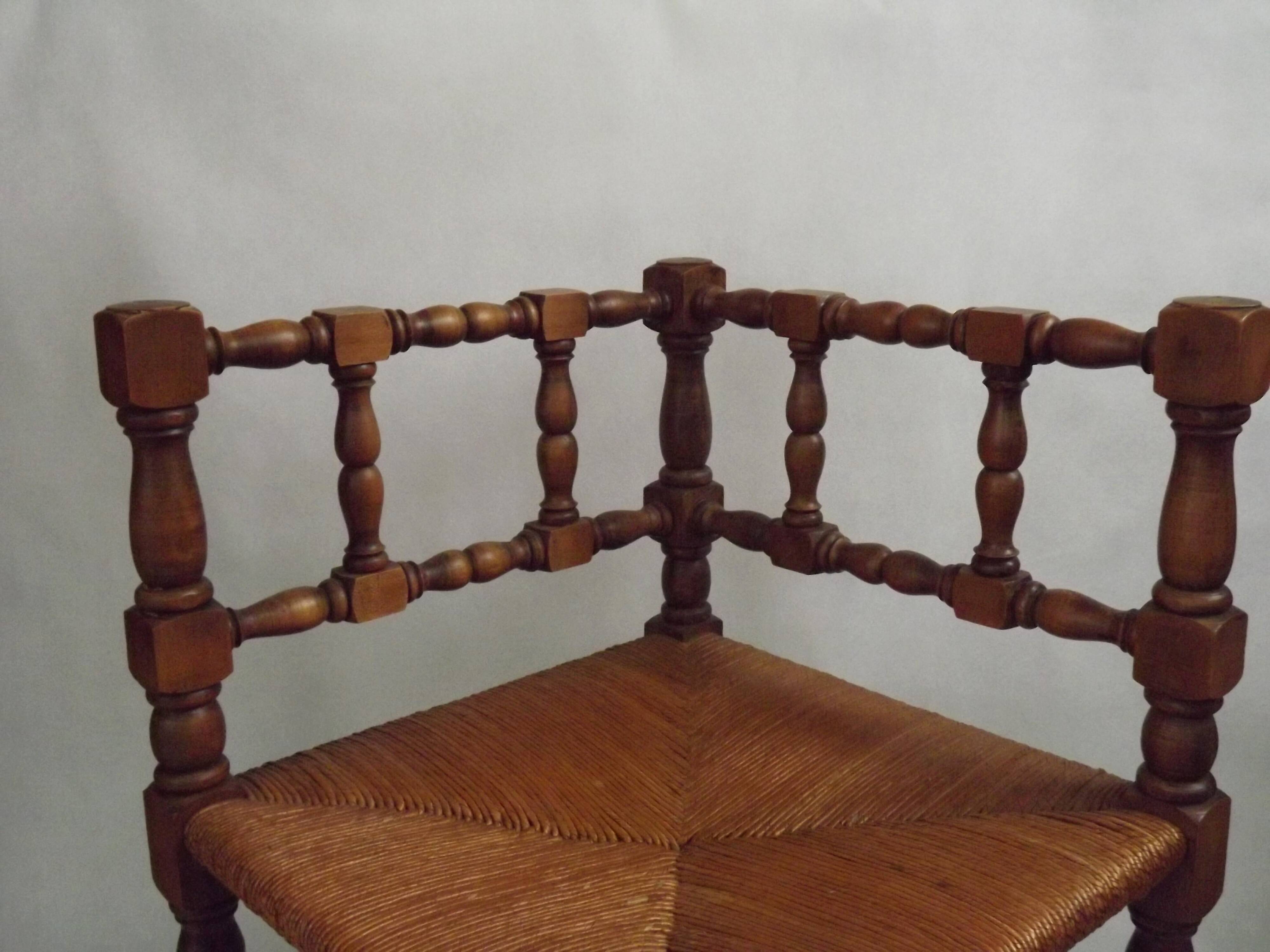 Antique French Turned Wooden Bobbin Chair with Rush Seat