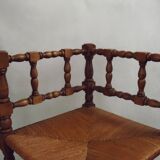 Antique French Turned Wooden Bobbin Chair with Rush Seat