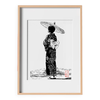 Linocut of a Japanese woman in yukata with parasol: 100% handmade, certified limited edition
