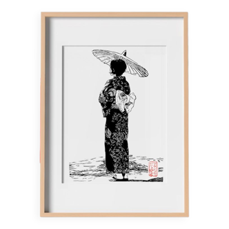 Linocut of a Japanese woman in yukata with umbrella: 100% handmade, certified in limited edition