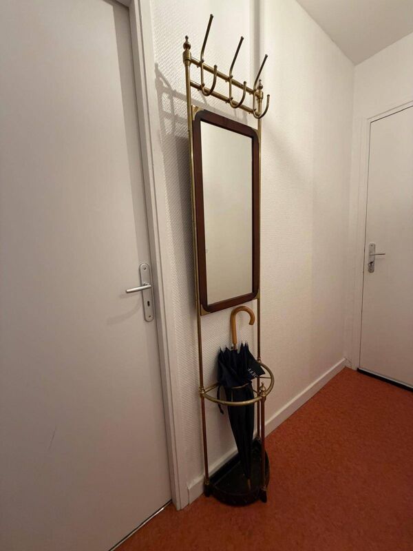 Porte-manteau, vestiaire d’entrée ancien en laiton avec miroir