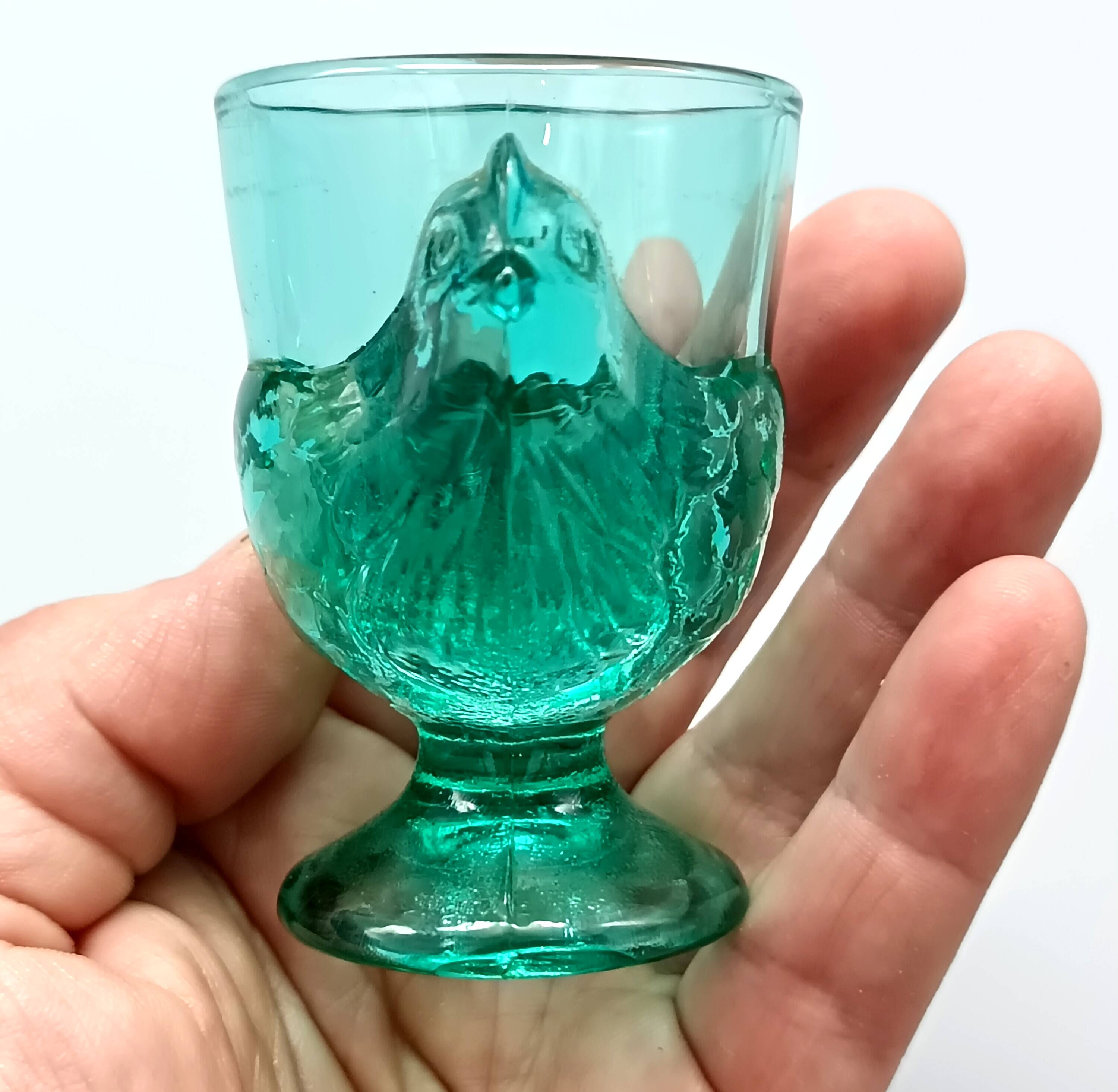 3 vintage french egg cups, turquoise glass, hen shape, luminarc