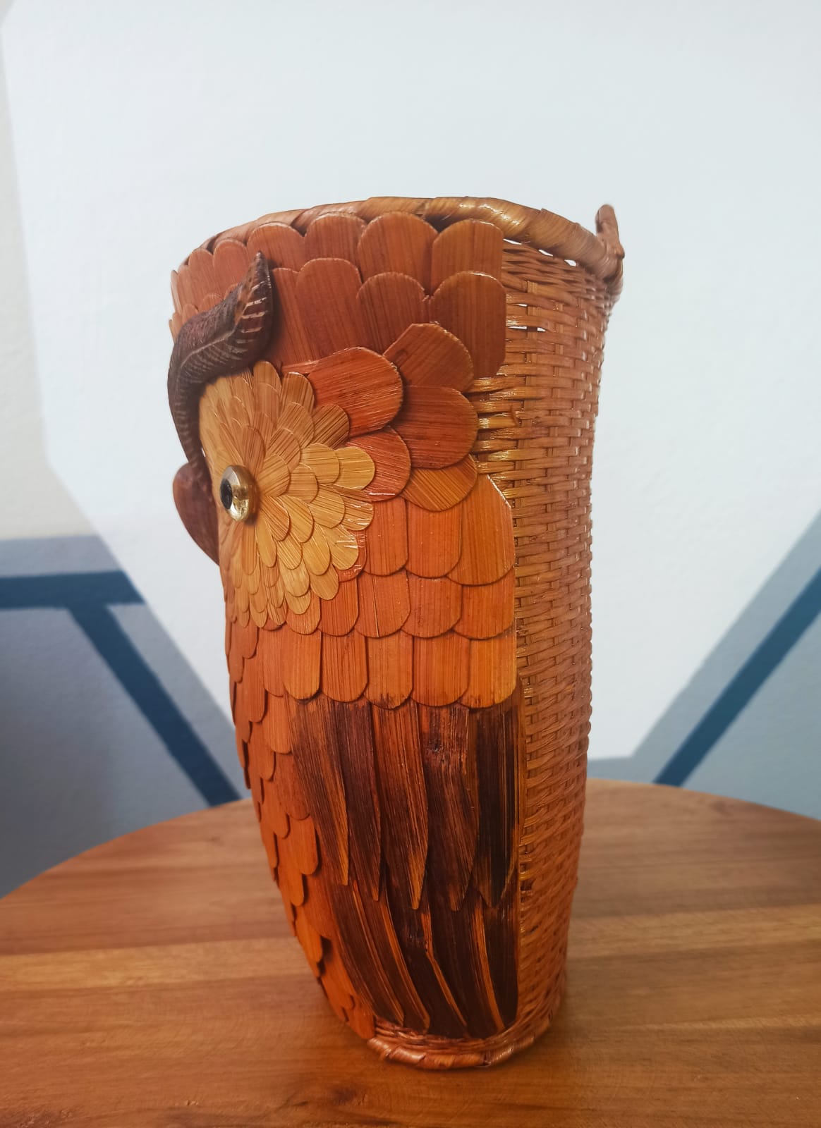 Vintage wall basket, wicker owl and bamboo