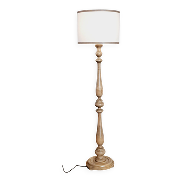 Vintage turned wood floor lamp, white lampshade with linen bands