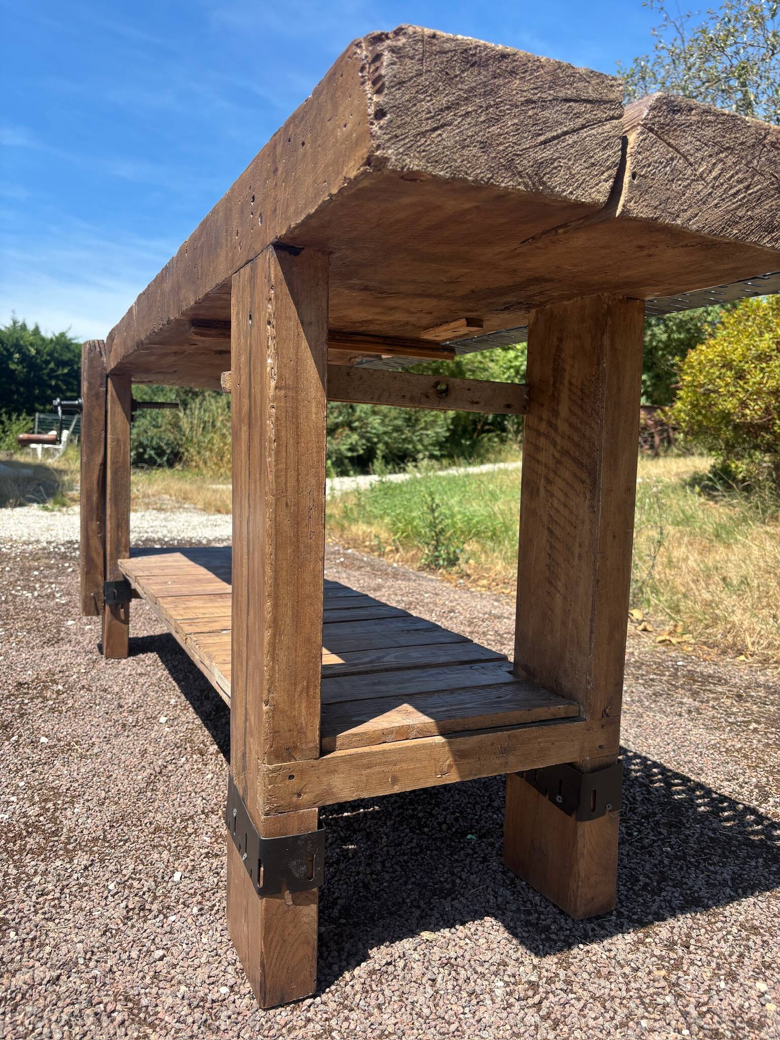 Restored old carpenter's workbench – Console / side table in solid wood