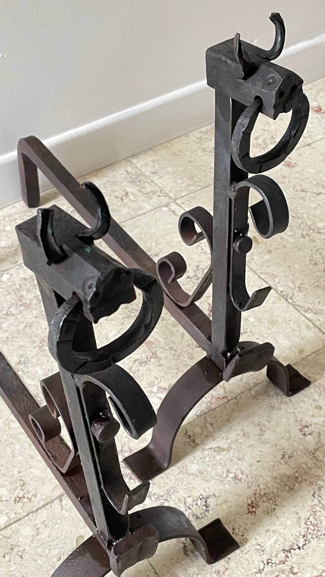 Pair of vintage steel brutalist andirons