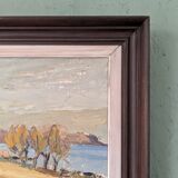 Peinture à l’huile de paysage vintage suédoise moderne « Golden Meadows » du milieu du siècle, encadrée