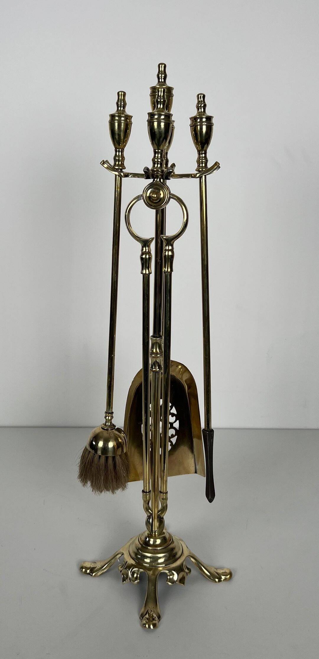 Neoclassical Polished Brass Fire Set with Ring Tools
